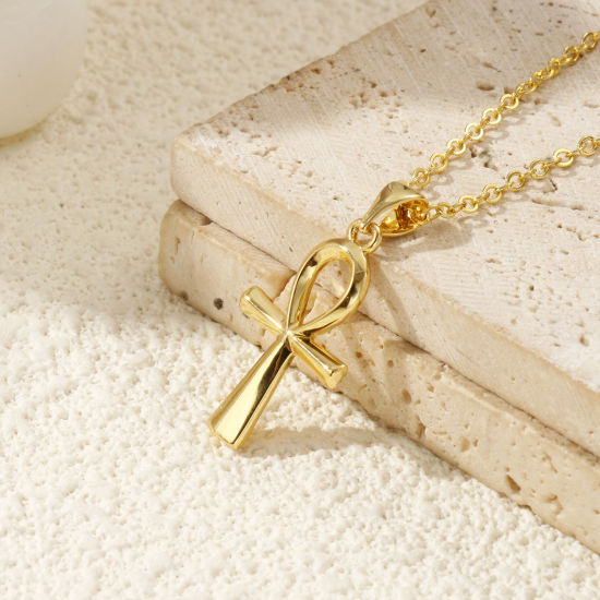Bild von 18K Echtgold plattiert Kreuz Gliederketten Ankh ägyptisches Kreuz Anhänger Halskette, Messing 46cm + 6cm, Für Frauen, Hohl, Retro Religiös Geschenk, Umweltfreundlich, 1 Strang