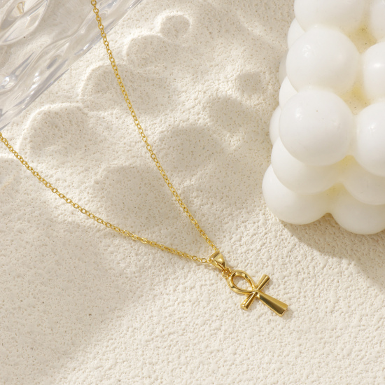 18Kリアルゴールドメッキ 小豆チェーン・あづきチェーン エジプトクロス ペンダントネックレス、 真鍮 46cm + 6cm、 女性のため、 透かし、 レトロ ビンテージ 宗教 プレゼント、 エコフレンドリー、 1 本 の画像