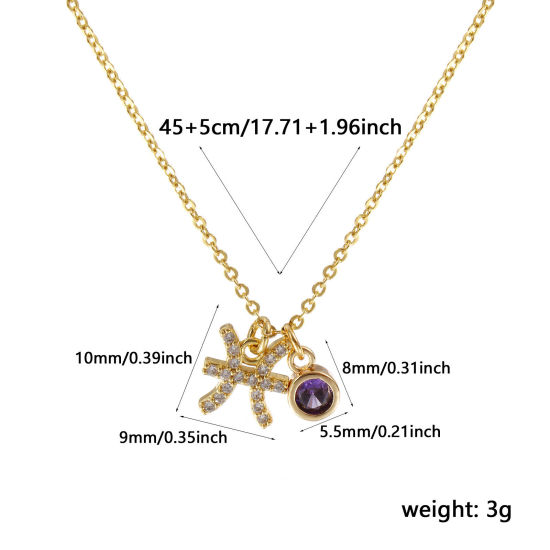 Immagine di 18K Vero Oro Placcato Catena a Cavo Costellazione Pesci Collana con Ciondolo, Ottone 45cm + 5cm, Per Donne, Viola Cubic Zirconiae Febbraio Micro Spianare, Pietre Nascita Squisito Regalo, Ecologico, 1 Pz