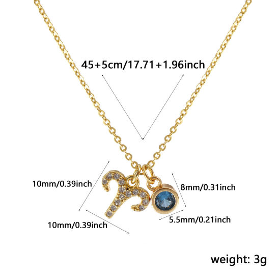 Immagine di 18K Vero Oro Placcato Catena a Cavo Costellazione Ariete Collana con Ciondolo, Ottone 45cm + 5cm, Per Donne, Blu Cubic Zirconiae Marzo Micro Spianare, Pietre Nascita Squisito Regalo, Ecologico, 1 Pz