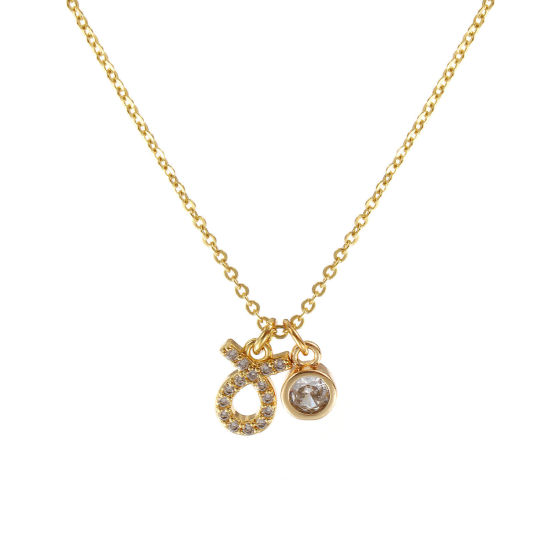 Immagine di 18K Vero Oro Placcato Catena a Cavo Costellazione Toro Collana con Ciondolo, Ottone 45cm + 5cm, Per Donne, Trasparente Cubic Zirconiae Aprile Micro Spianare, Pietre Nascita Squisito Regalo, Ecologico, 1 Pz