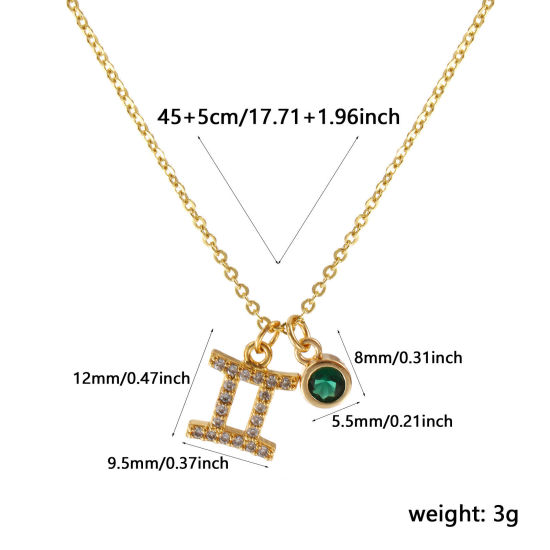 Immagine di 18K Vero Oro Placcato Catena a Cavo Costellazione Gemelli Collana con Ciondolo, Ottone 45cm + 5cm, Per Donne, Smeraldo Cubic Zirconiae Maggio Micro Spianare, Pietre Nascita Squisito Regalo, Ecologico, 1 Pz