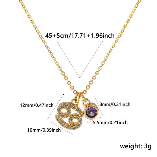 Immagine di 18K Vero Oro Placcato Catena a Cavo Costellazione Cancro Collana con Ciondolo, Ottone 45cm + 5cm, Per Donne, Viola Pallido Cubic Zirconiae Giugno Micro Spianare, Pietre Nascita Squisito Regalo, Ecologico, 1 Pz