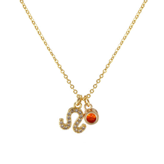 Immagine di 18K Vero Oro Placcato Catena a Cavo Costellazione Leone Collana con Ciondolo, Ottone 45cm + 5cm, Per Donne, Rosso Arancione Cubic Zirconiae Luglio Micro Spianare, Pietre Nascita Squisito Regalo, Ecologico, 1 Pz