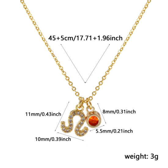 Immagine di 18K Vero Oro Placcato Catena a Cavo Costellazione Leone Collana con Ciondolo, Ottone 45cm + 5cm, Per Donne, Rosso Arancione Cubic Zirconiae Luglio Micro Spianare, Pietre Nascita Squisito Regalo, Ecologico, 1 Pz