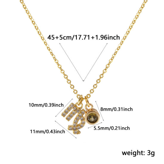 Immagine di 18K Vero Oro Placcato Catena a Cavo Costellazione Vergine Collana con Ciondolo, Ottone 45cm + 5cm, Per Donne, Verde Oliva Cubic Zirconiae Agosto Micro Spianare, Pietre Nascita Squisito Regalo, Ecologico, 1 Pz