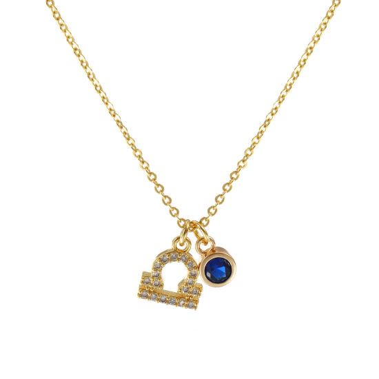Immagine di 18K Vero Oro Placcato Catena a Cavo Costellazione Libra Collana con Ciondolo, Ottone 45cm + 5cm, Per Donne, Blu Marino Cubic Zirconiae Settembre Micro Spianare, Pietre Nascita Squisito Regalo, Ecologico, 1 Pz