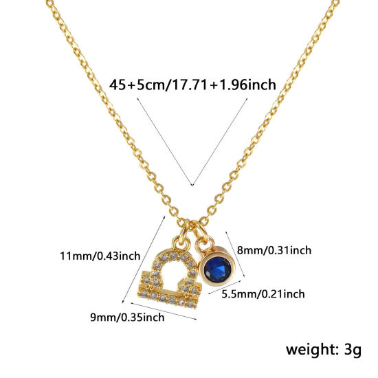 Immagine di 18K Vero Oro Placcato Catena a Cavo Costellazione Libra Collana con Ciondolo, Ottone 45cm + 5cm, Per Donne, Blu Marino Cubic Zirconiae Settembre Micro Spianare, Pietre Nascita Squisito Regalo, Ecologico, 1 Pz