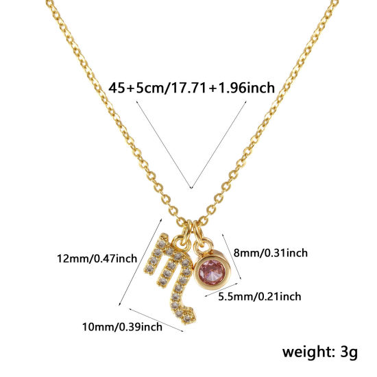 Immagine di 18K Vero Oro Placcato Catena a Cavo Costellazione Scorpione Collana con Ciondolo, Ottone 45cm + 5cm, Per Donne, Rosa Cubic Zirconiae Ottobre Micro Spianare, Pietre Nascita Squisito Regalo, Ecologico, 1 Pz