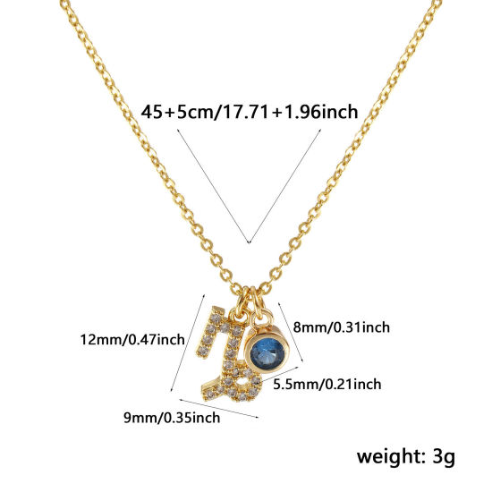 Immagine di 18K Vero Oro Placcato Catena a Cavo Costellazione Capricorno Collana con Ciondolo, Ottone 45cm + 5cm, Per Donne, Acqua Blu Cubic Zirconiae Dicembre Micro Spianare, Pietre Nascita Squisito Regalo, Ecologico, 1 Pz