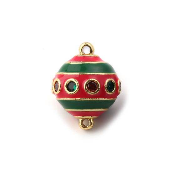 Picture of 1 Piece Eco-friendly Brass Connectors Charms Pendants 18K Real Gold Plated Red Enamel Ball Stripe Green Cubic Zirconia 26mm x 20mm