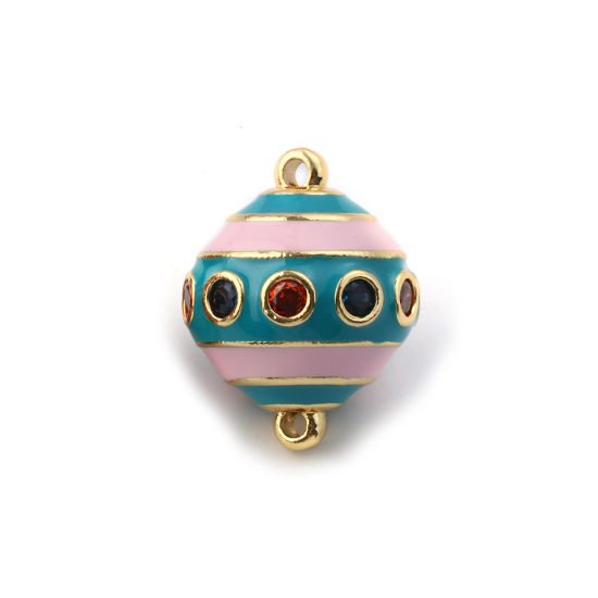 Picture of 1 Piece Eco-friendly Brass Connectors Charms Pendants 18K Real Gold Plated Lake Blue Enamel Ball Stripe Deep Blue Cubic Zirconia 26mm x 20mm