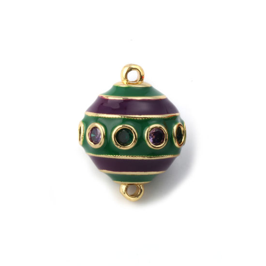 Picture of 1 Piece Eco-friendly Brass Connectors Charms Pendants 18K Real Gold Plated Green Enamel Ball Stripe Purple Cubic Zirconia 26mm x 20mm
