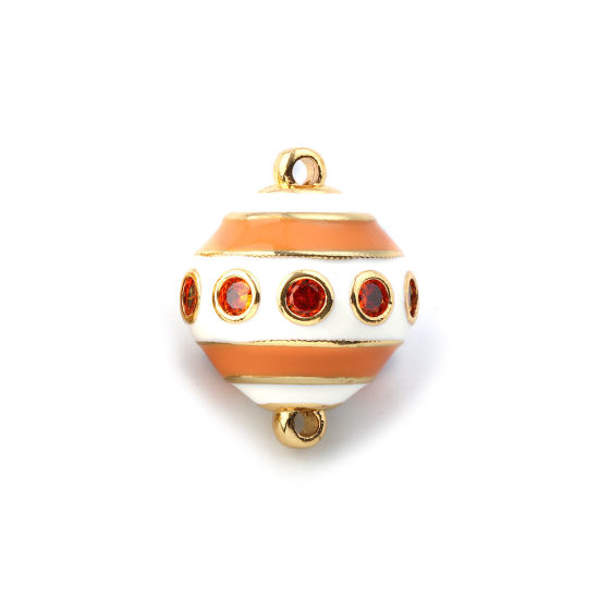 Picture of 1 Piece Eco-friendly Brass Connectors Charms Pendants 18K Real Gold Plated Orange Enamel Ball Stripe Amber Cubic Zirconia 26mm x 20mm
