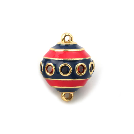 Picture of 1 Piece Eco-friendly Brass Connectors Charms Pendants 18K Real Gold Plated Dark Blue Enamel Ball Stripe Amber Cubic Zirconia 26mm x 20mm