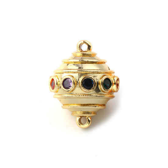Picture of 1 Piece Eco-friendly Brass Connectors Charms Pendants 18K Real Gold Plated Ball Stripe Multicolour Cubic Zirconia 26mm x 20mm