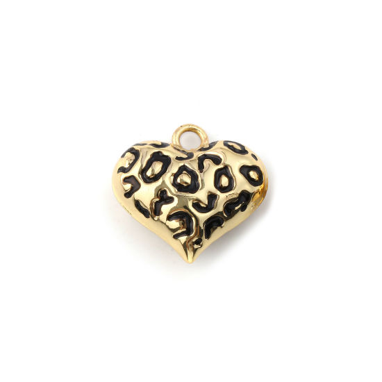 Immagine di 1 Pz Ecologico Ottone San Valentino Ciondoli 18K Vero Oro Placcato Nero Smalto Cuore Leopardo 3D 20mm x 20mm