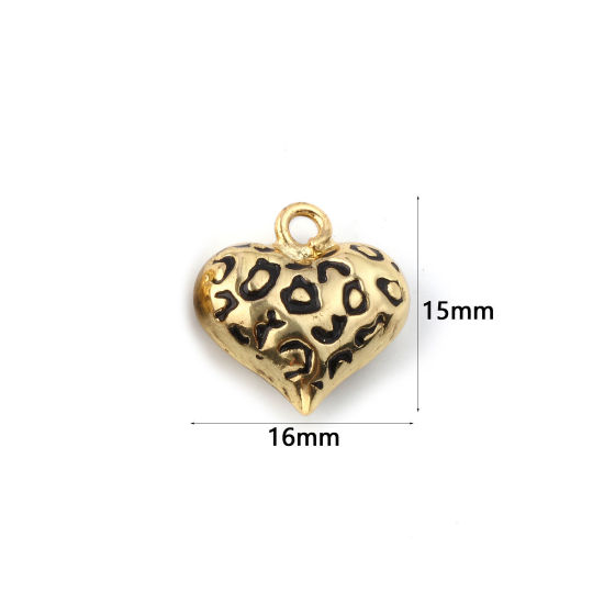 Immagine di 1 Pz Ecologico Ottone San Valentino Ciondoli 18K Vero Oro Placcato Nero Smalto Cuore Leopardo 3D 16mm x 15mm