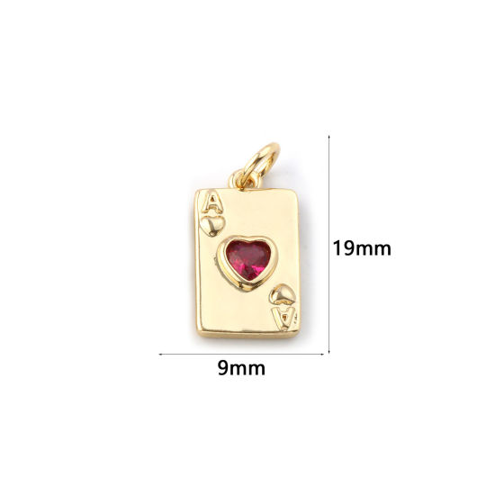 Изображение 2 ШТ Экологичный Латунь Серия Покерных Игр Подвески 18K настоящее золото с покрытием Покер Сердце Красный Искусственный Циркон 19мм x 9мм