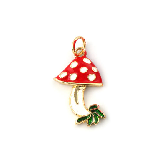 Immagine di 2 Pz Ecologico Ottone Collezione Flora Ciondoli 18K Vero Oro Placcato Rosso Smalto Fungo 23mm x 13mm
