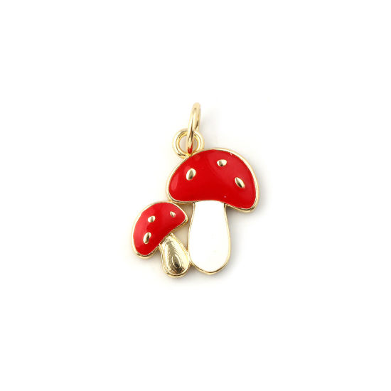 Immagine di 2 Pz Ecologico Ottone Collezione Flora Ciondoli 18K Vero Oro Placcato Rosso Smalto Fungo 18mm x 13mm