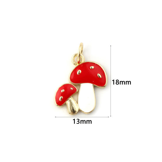 Immagine di 2 Pz Ecologico Ottone Collezione Flora Ciondoli 18K Vero Oro Placcato Rosso Smalto Fungo 18mm x 13mm