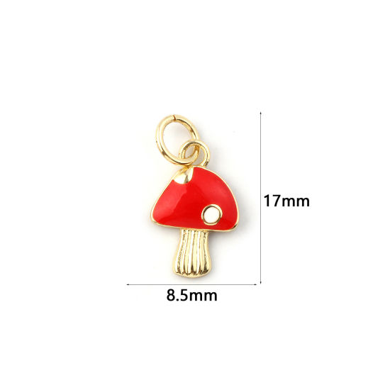 Immagine di 2 Pz Ecologico Ottone Collezione Flora Ciondoli 18K Vero Oro Placcato Rosso Smalto Fungo 17mm x 8.5mm