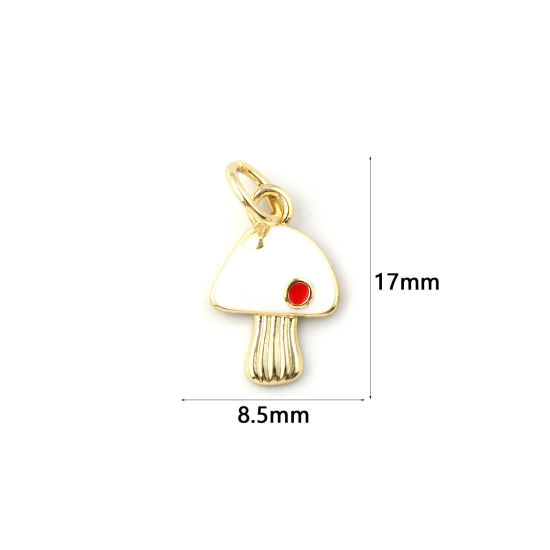 Immagine di 2 Pz Ecologico Ottone Collezione Flora Ciondoli 18K Vero Oro Placcato Bianco Smalto Fungo 17mm x 8.5mm