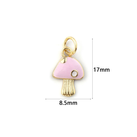 Immagine di 2 Pz Ecologico Ottone Collezione Flora Ciondoli 18K Vero Oro Placcato Rosa Smalto Fungo 17mm x 8.5mm