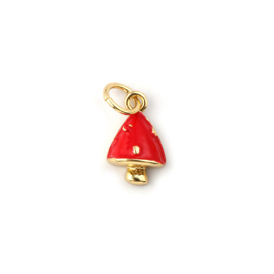 Immagine di 2 Pz Ecologico Ottone Collezione Flora Ciondoli 18K Vero Oro Placcato Rosso Smalto Fungo 15mm x 7mm