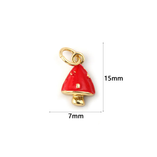 Immagine di 2 Pz Ecologico Ottone Collezione Flora Ciondoli 18K Vero Oro Placcato Rosso Smalto Fungo 15mm x 7mm