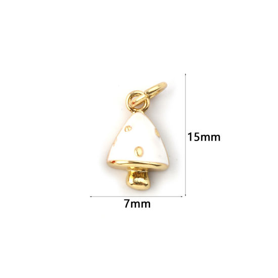 Immagine di 2 Pz Ecologico Ottone Collezione Flora Ciondoli 18K Vero Oro Placcato Bianco Smalto Fungo 15mm x 7mm