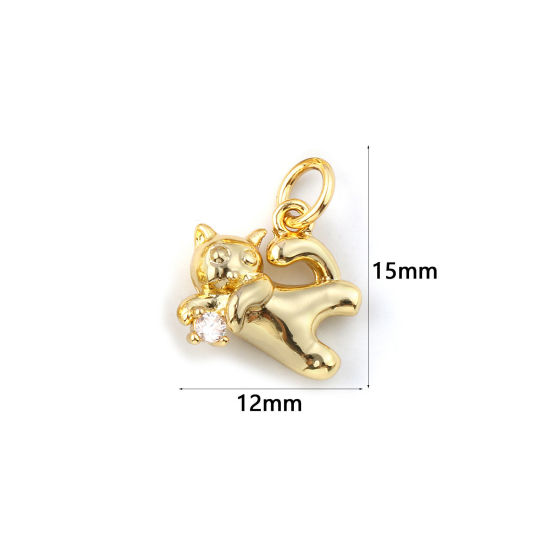 Изображение 2 ШТ Экологичный Латунь Подвески 18K настоящее золото с покрытием Кошка Прозрачный Искусственный Циркон 15мм x 12мм