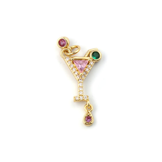 Immagine di 1 Pz Ecologico Ottone Ciondoli 18K Vero Oro Placcato Bicchiere da vino Micro Spianare Multicolore Cubic Zirconiae 26mm x 12mm