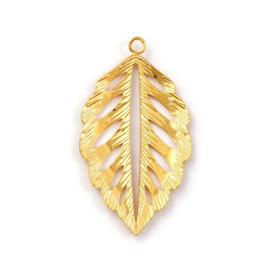 Immagine di 1 Pz Placcatura Sottovuoto PVD Ecologica 304 Acciaio Inossidabile Ciondoli Pendenti 18K Vero Oro Placcato Foglia Filigrana 5.5cm x 3.1cm