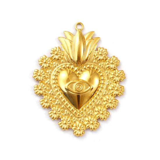 Изображение 1 ШТ Экологичное вакуумное PVD-покрытие 304 Нержавеющая Сталь религия Подвески 18K настоящее золото с покрытием Экс Вото Сердце Глаз 5.3см x 4.2см