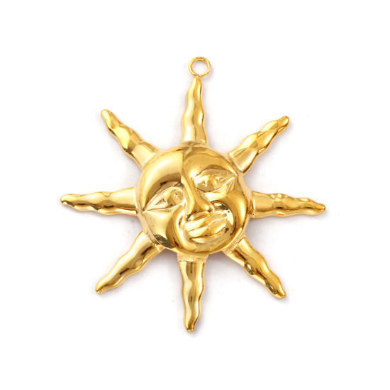 Изображение 1 ШТ Экологичное вакуумное PVD-покрытие 304 Нержавеющая Сталь галактика Подвески 18K настоящее золото с покрытием Солнце лицо 5.1см x 4.8см