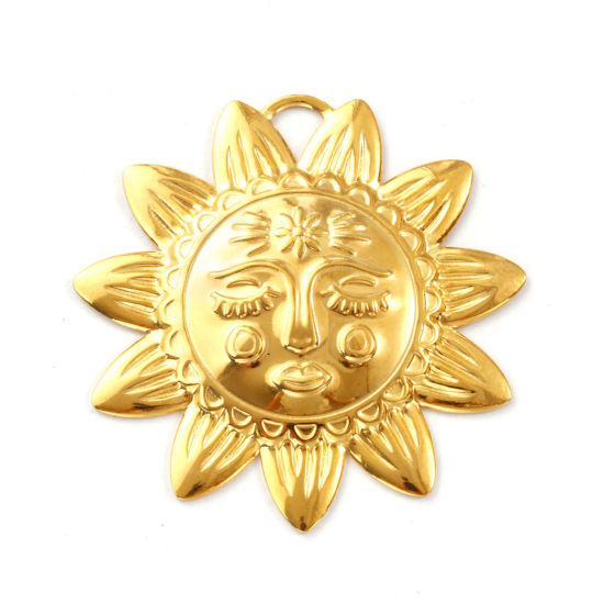 Изображение 1 ШТ Экологичное вакуумное PVD-покрытие 304 Нержавеющая Сталь Подвески 18K настоящее золото с покрытием Подсолнечник Лицо 5см x 4.9см