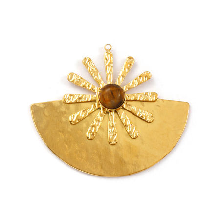 Picture of 1 Piece Eco-friendly PVD Vacuum Plating Waterproof Anti-Tarnish Hypoallergenic 304 Stainless Steel & Gemstone Galaxy Pendants 18K Real Gold Plated Dark Brown Half Round Flower 5.1cm x 4.4cm