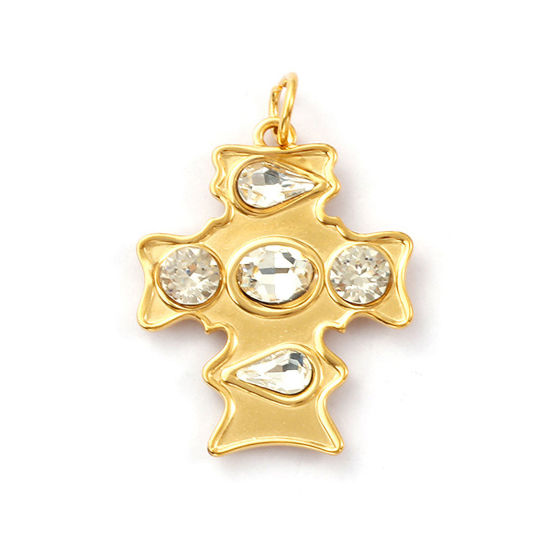 Immagine di 1 Pz Placcatura Sottovuoto PVD Ecologica 304 Acciaio Inossidabile Religione Ciondoli Pendenti 18K Vero Oro Placcato Croce Trasparente Strass 4.3cm x 3cm