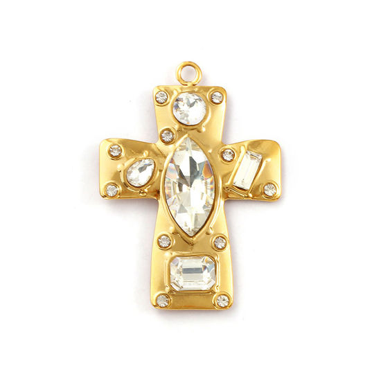 Immagine di 1 Pz Placcatura Sottovuoto PVD Ecologica 304 Acciaio Inossidabile Religione Ciondoli Pendenti 18K Vero Oro Placcato Croce Trasparente Strass 4.6cm x 3.3cm