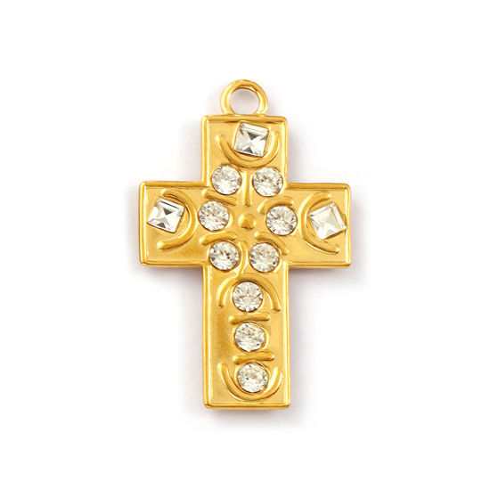 Immagine di 1 Pz Placcatura Sottovuoto PVD Ecologica 304 Acciaio Inossidabile Religione Ciondoli Pendenti 18K Vero Oro Placcato Croce Trasparente Strass 4.7cm x 3cm