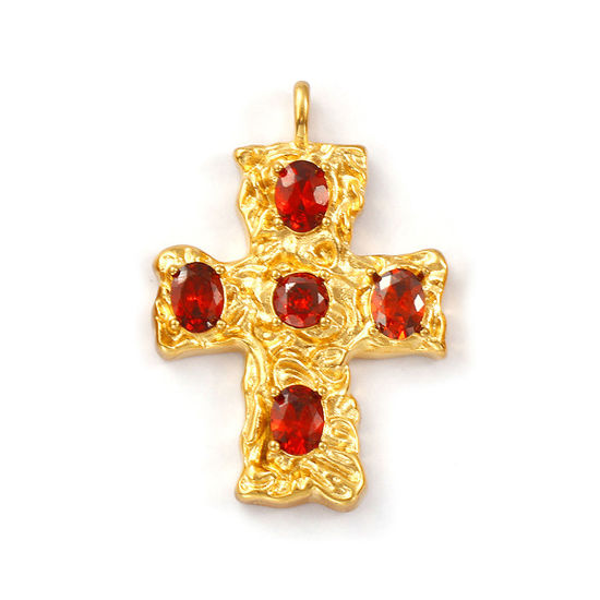 Immagine di 1 Pz Placcatura Sottovuoto PVD Ecologica 304 Acciaio Inossidabile Religione Ciondoli Pendenti 18K Vero Oro Placcato Croce Vino Rosso Cubic Zirconiae 4.8cm x 3.3cm