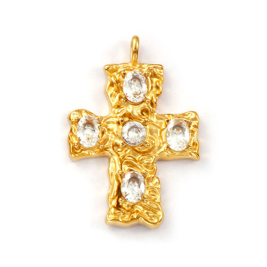 Immagine di 1 Pz Placcatura Sottovuoto PVD Ecologica 304 Acciaio Inossidabile Religione Ciondoli Pendenti 18K Vero Oro Placcato Croce Trasparente Cubic Zirconiae 4.8cm x 3.3cm