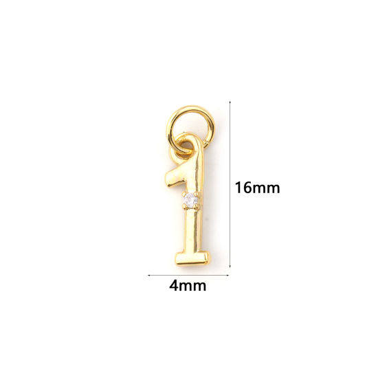 Изображение 5 ШТ Экологичный Латунь Подвески 18K настоящее золото с покрытием Цифры Сообщение " 1 " Прозрачный Искусственный Циркон 16мм x 4мм