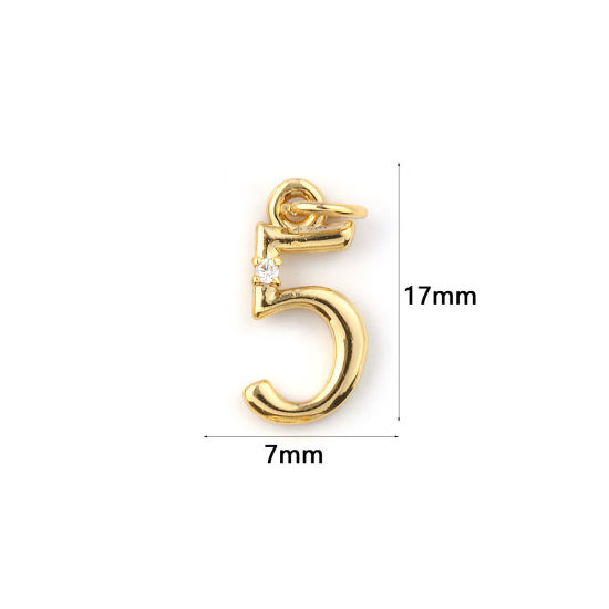 Изображение 5 ШТ Экологичный Латунь Подвески 18K настоящее золото с покрытием Цифры Сообщение " 5 " Прозрачный Искусственный Циркон 17мм x 7мм