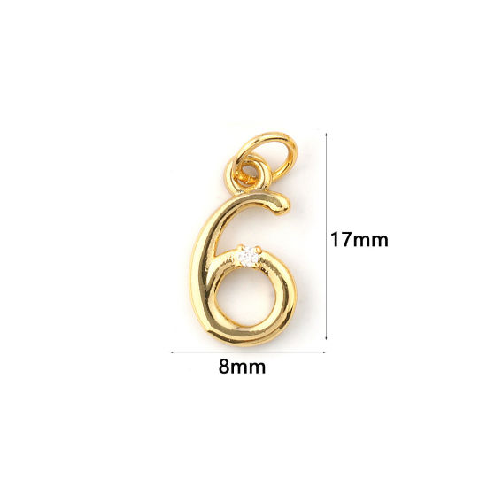 Изображение 5 ШТ Экологичный Латунь Подвески 18K настоящее золото с покрытием Цифры Сообщение " 6 " Прозрачный Искусственный Циркон 17мм x 8мм