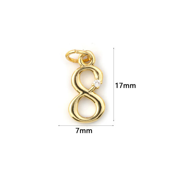 Изображение 5 ШТ Экологичный Латунь Подвески 18K настоящее золото с покрытием Цифры Сообщение " 8 " Прозрачный Искусственный Циркон 17мм x 7мм