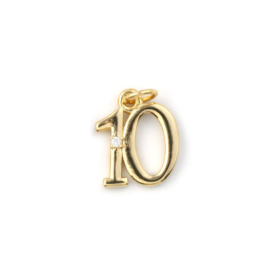 Изображение 5 ШТ Экологичный Латунь Подвески 18K настоящее золото с покрытием Цифры Сообщение " 10 " Прозрачный Искусственный Циркон 17мм x 11мм