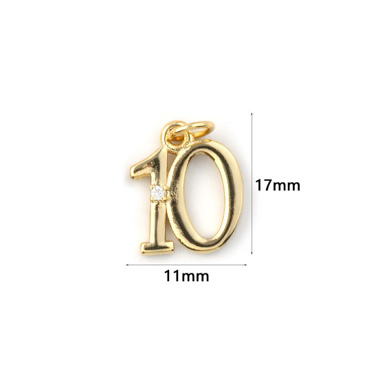 Изображение 5 ШТ Экологичный Латунь Подвески 18K настоящее золото с покрытием Цифры Сообщение " 10 " Прозрачный Искусственный Циркон 17мм x 11мм